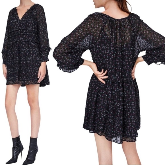 NWT ZARA BASIC Floral Swiss Dot Ruffle Babydoll Dress - Picture 1 of 7